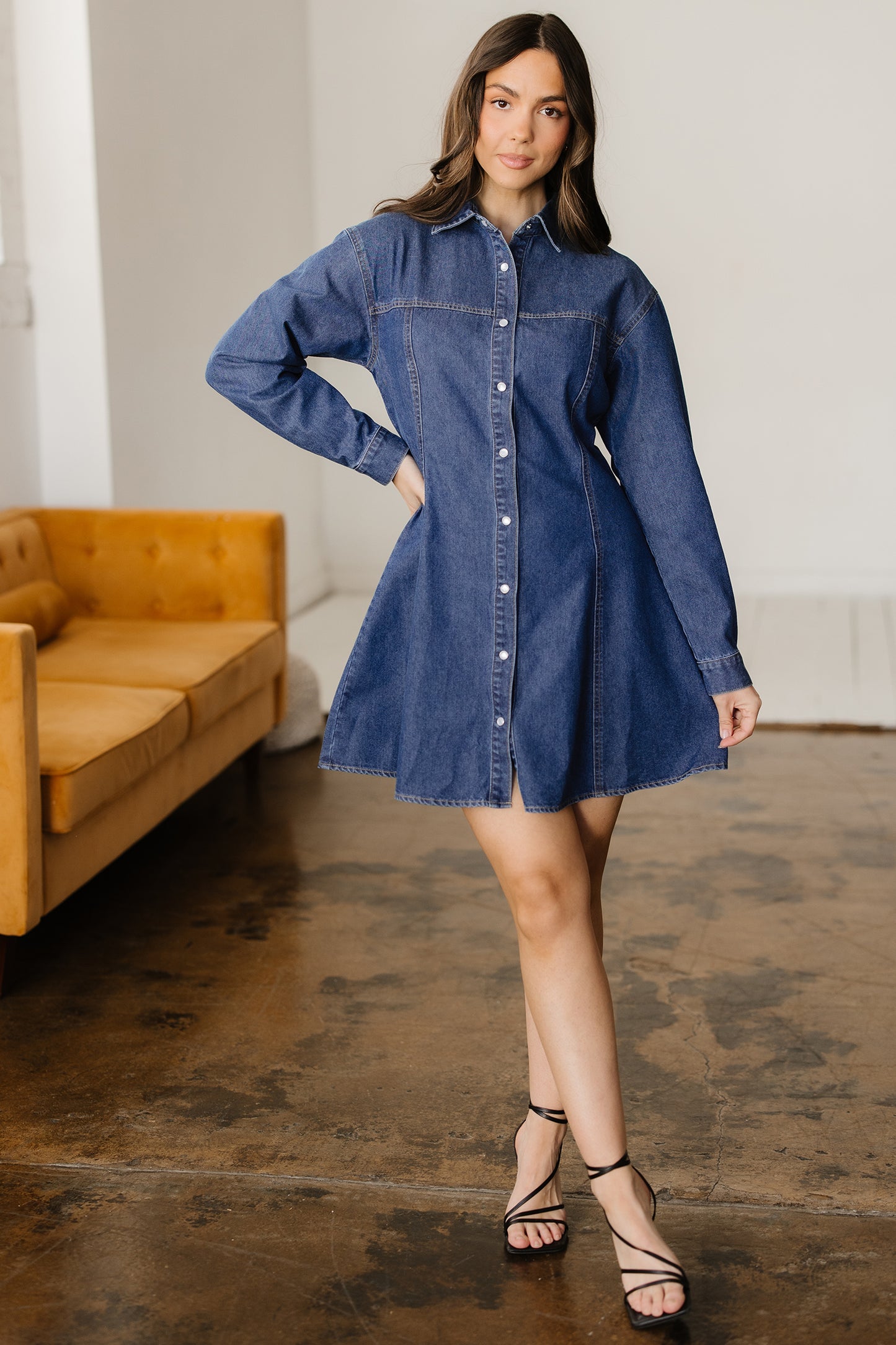 Denim Shirt Collar Long Sleeve Mini Dress