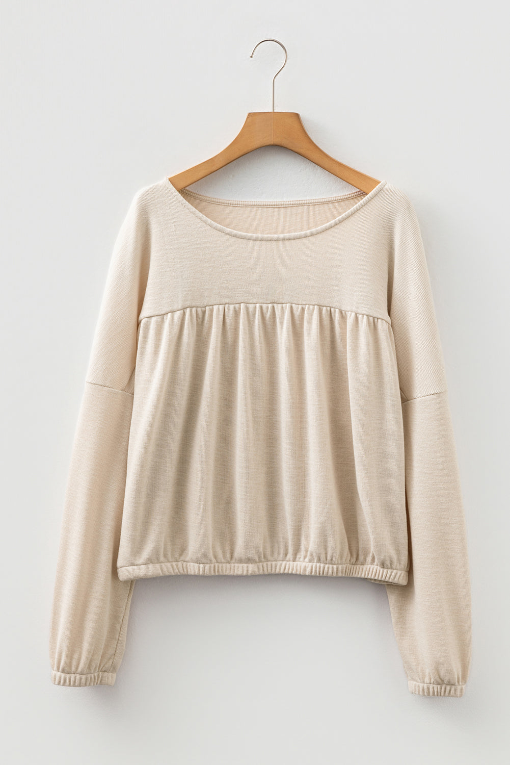 Solid Ribbed Knit Pleated Long Sleeve Top