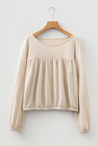 Solid Ribbed Knit Pleated Long Sleeve Top