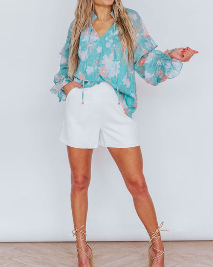 Floral Ruffle Balloon Sleeve Blouse