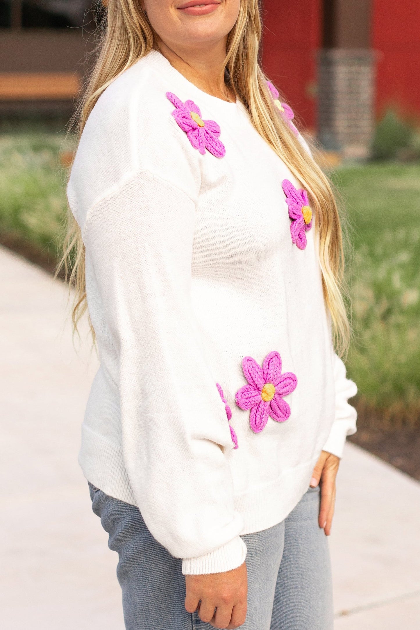 Plus Size Floral Crochet Drop Shoulder Sweater