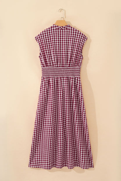 Gingham Plaid Zipped Cinched Waist Maxi Dress