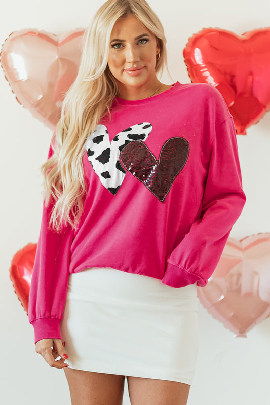 Valentine Heart Sequin and Cow Patchwork Sweatshirt