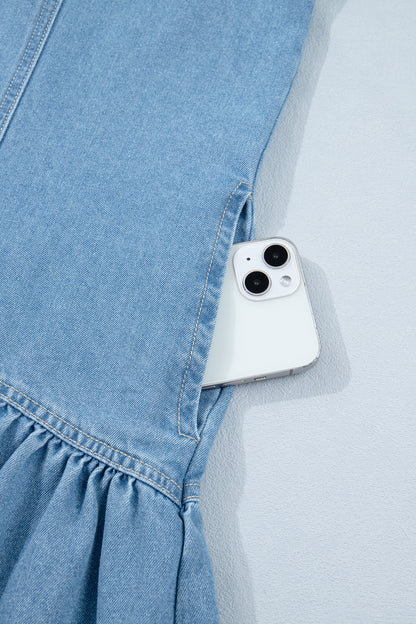 Denim Short Puff Sleeve Ruffle Hem Buttoned Dress