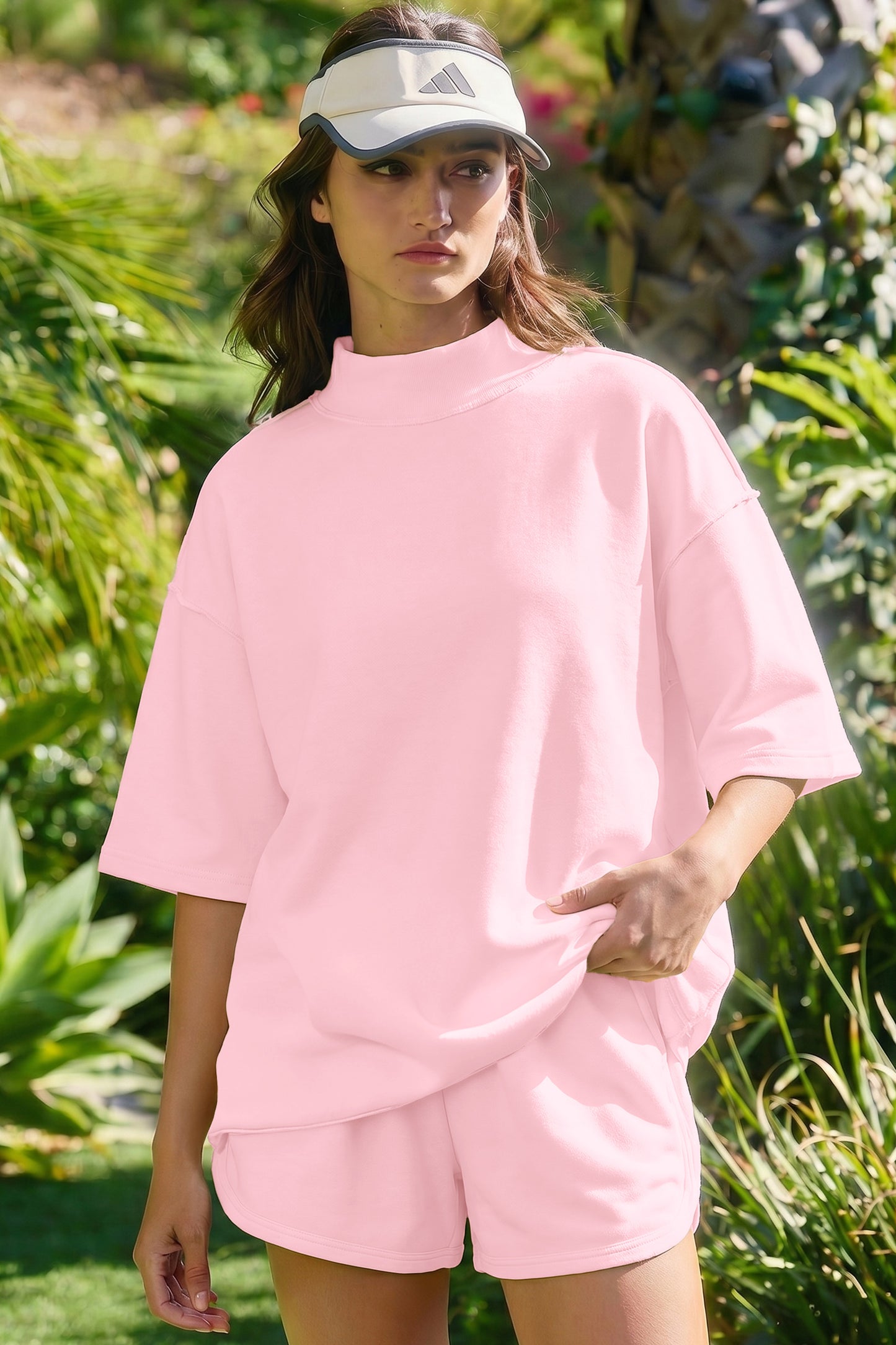 Solid Exposed Seam Mock Neck Tee & Shorts Set