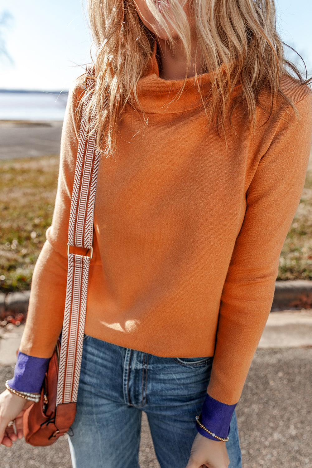 Contrast Trim Mock Neck Sweater