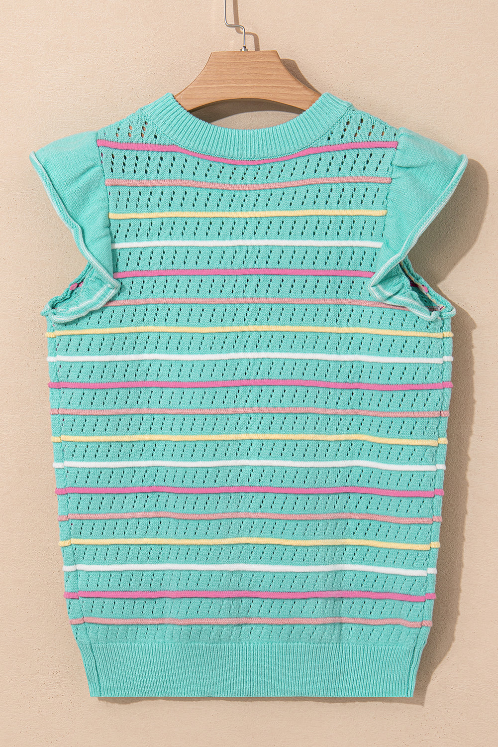 Stripe Eyelet Knit Ruffle Sleeve Sweater