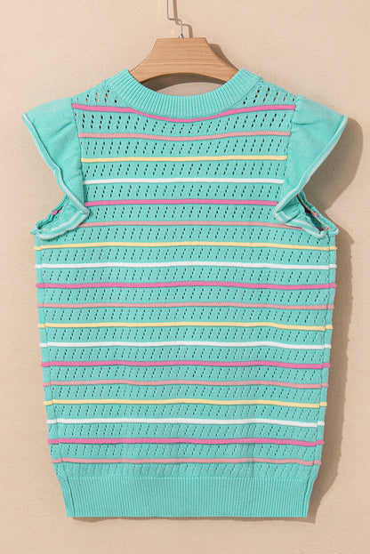 Stripe Eyelet Knit Ruffle Sleeve Sweater