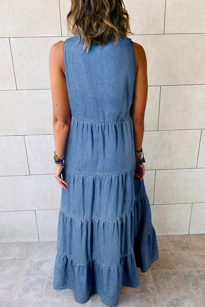 Chambray Sleeveless Tiered Maxi Dress