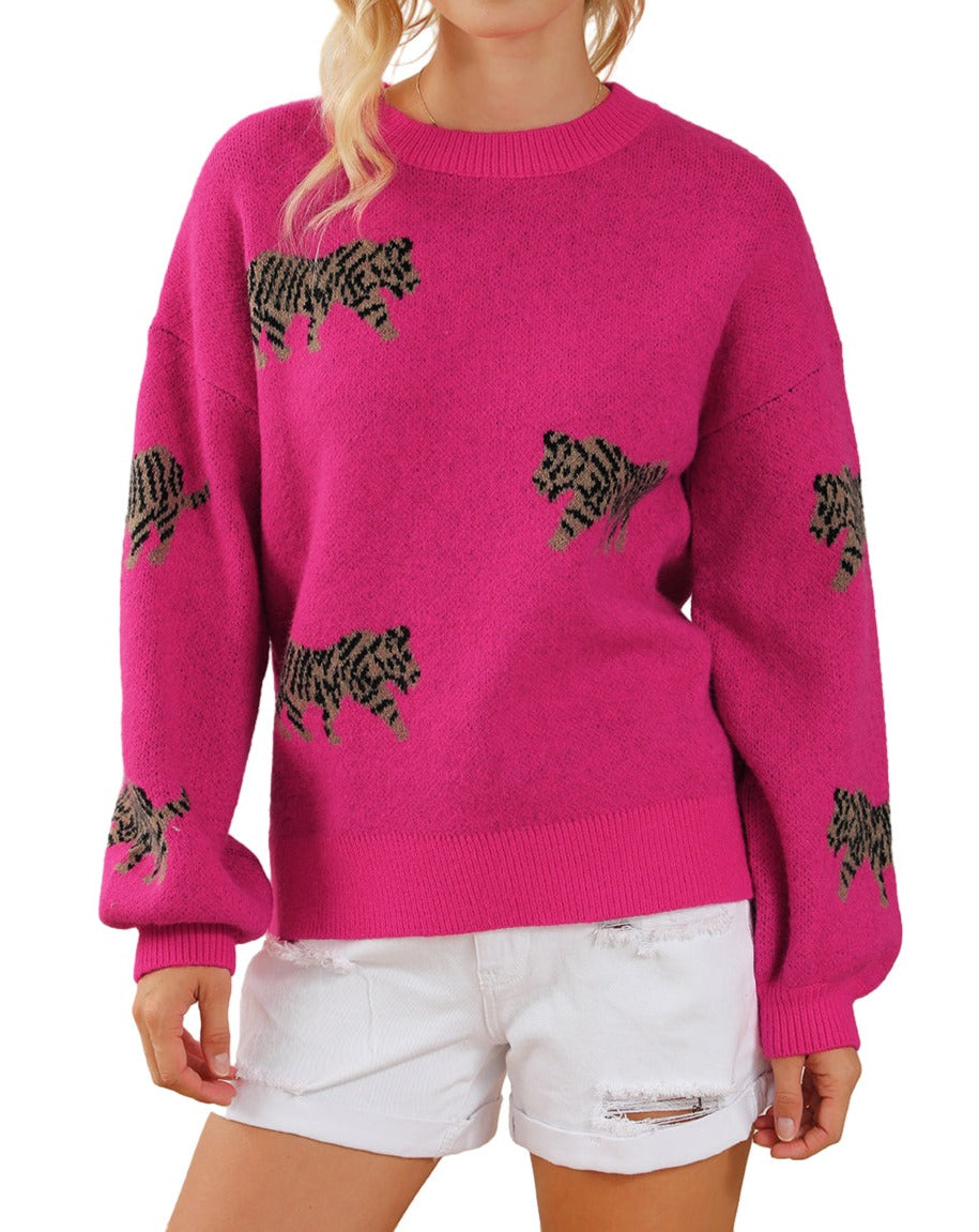 Tiger Ribbed Trim Crewneck Sweater