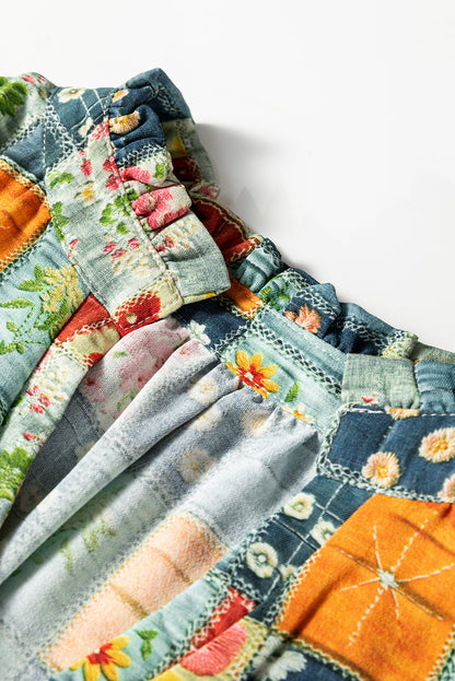 Floral Half Placket Collared V-Neck Blouse