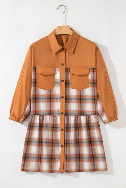 Plaid Patchwork Pocketed Ruffle Hem Shirt Dress