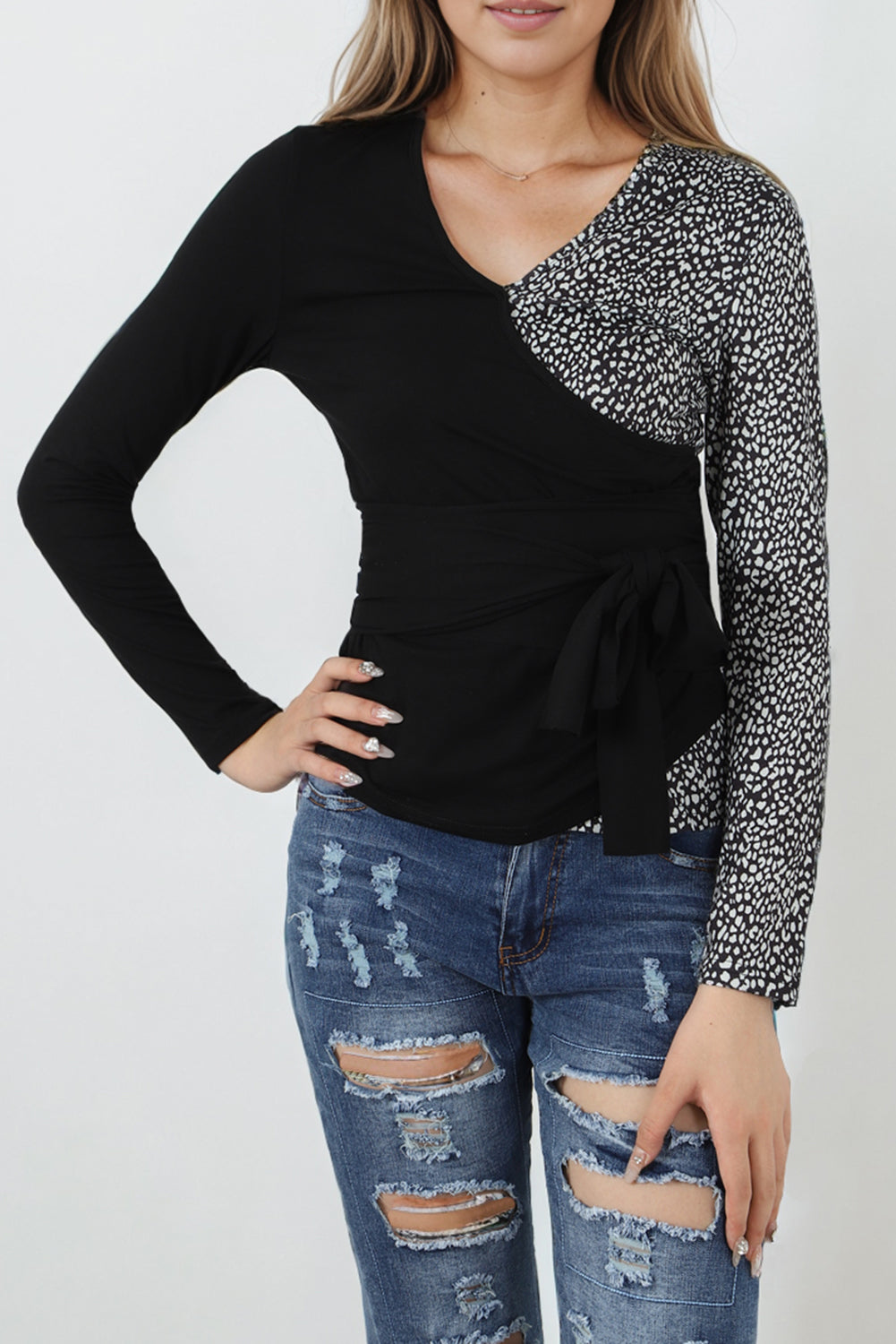 Dotted Colorblock Wrap V-Neck Top