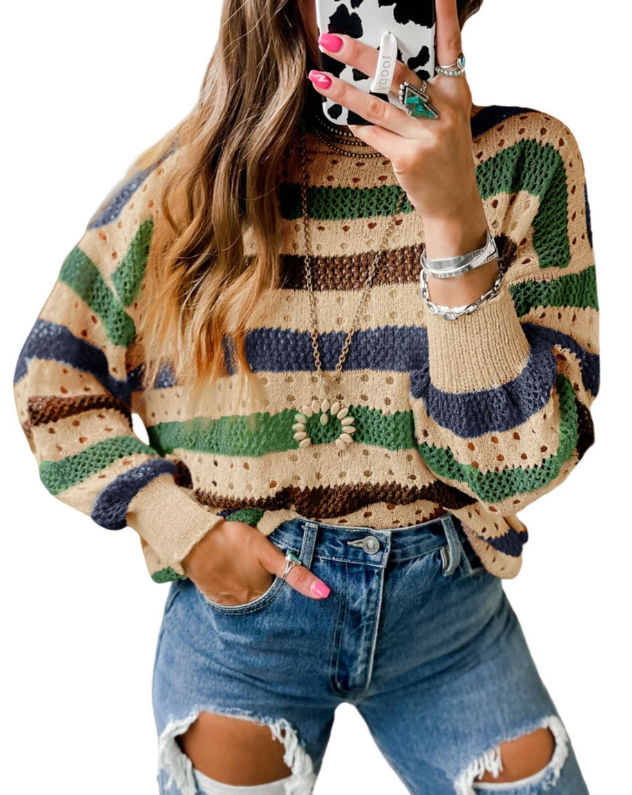 Stripe Hollowed Knit Crewneck Sweater