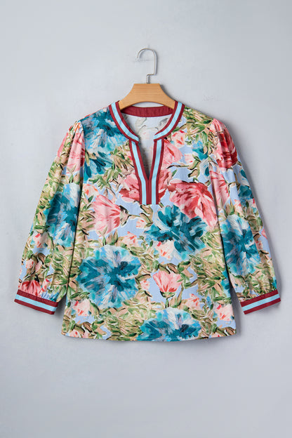 Floral Contrast Trim V-Neck Cuffed 3/4 Sleeve Blouse