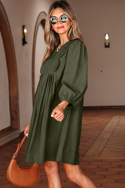 Corduroy Pleated Scallop Neck 3/4 Sleeve Mini Dress