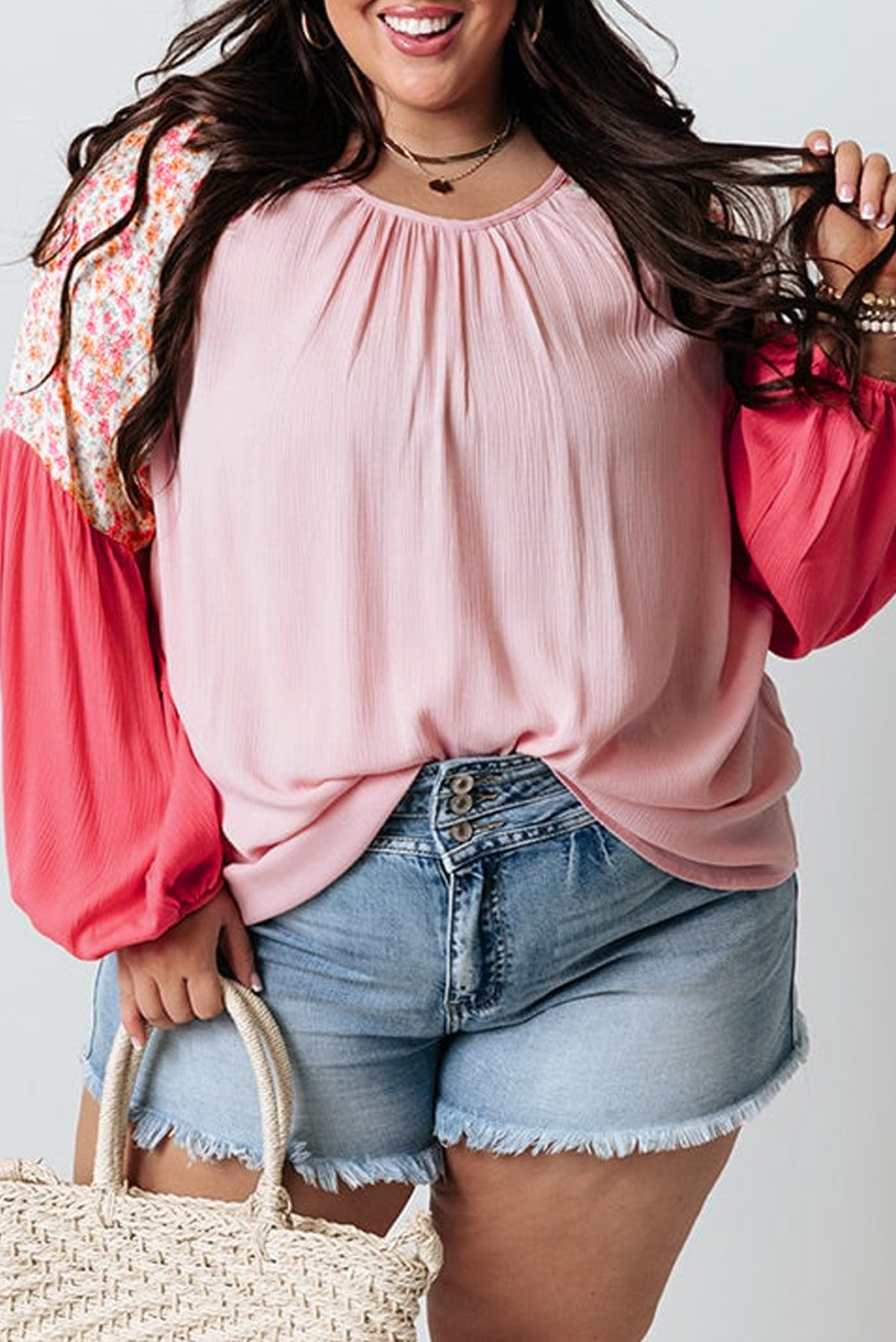 Plus Size Floral Colorblock Long Sleeve Blouse