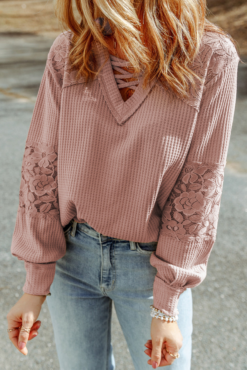 Lace Waffle Patchwork Long Sleeve Top