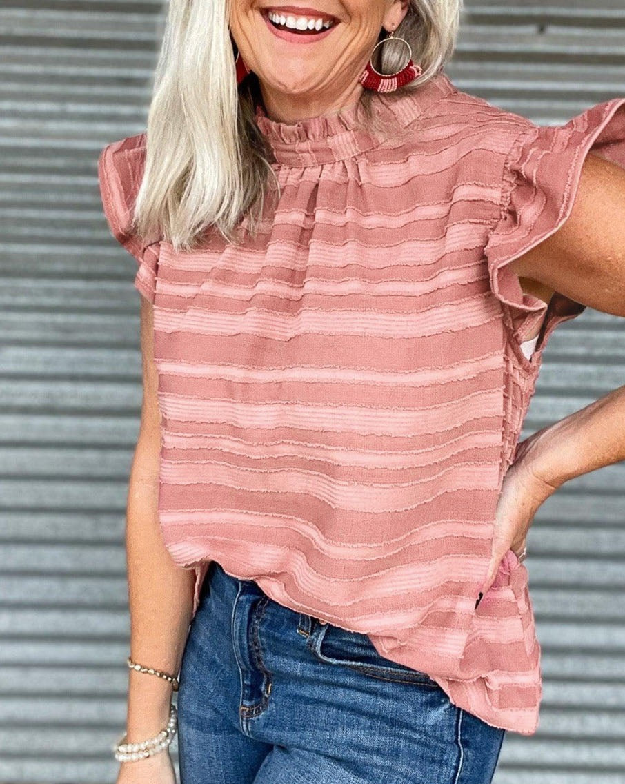 Stripe Textured Ruffle Sleeve Blouse