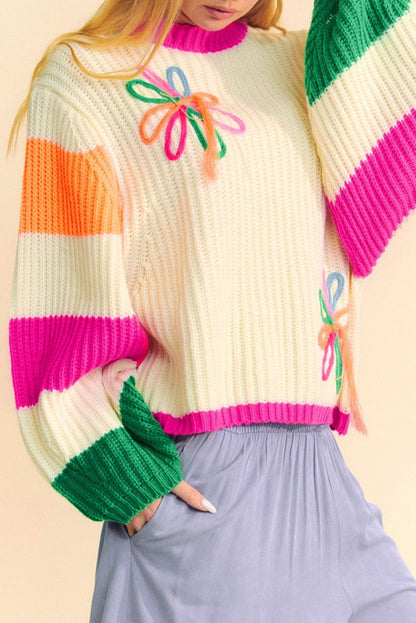 Colorblock Floral Cable Knit Sweater