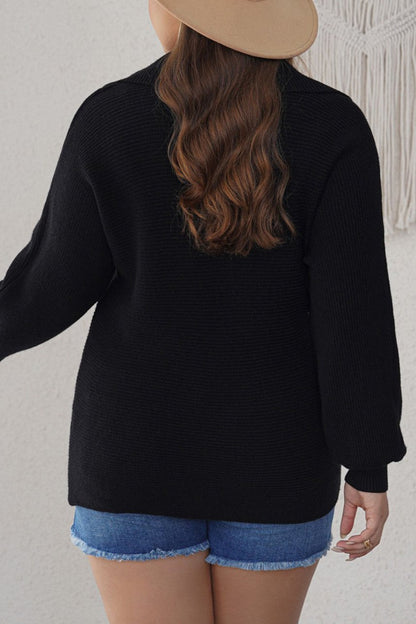 Plus Size Ribbed Collared V-Neck Sweater