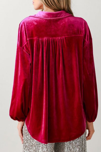 Velvet Buttoned V-Neck Pocketed Shirt