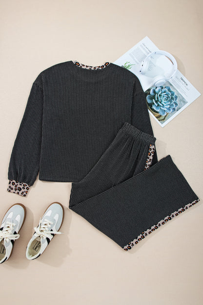 Carbon Grey Twisted Rib Texture Leopard Patchwork Detail 2pcs Pant Set
