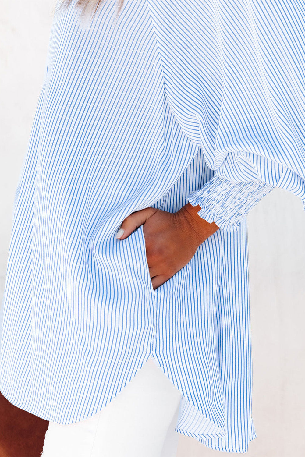 Stripe Smocked Cuff Pocketed Shirt