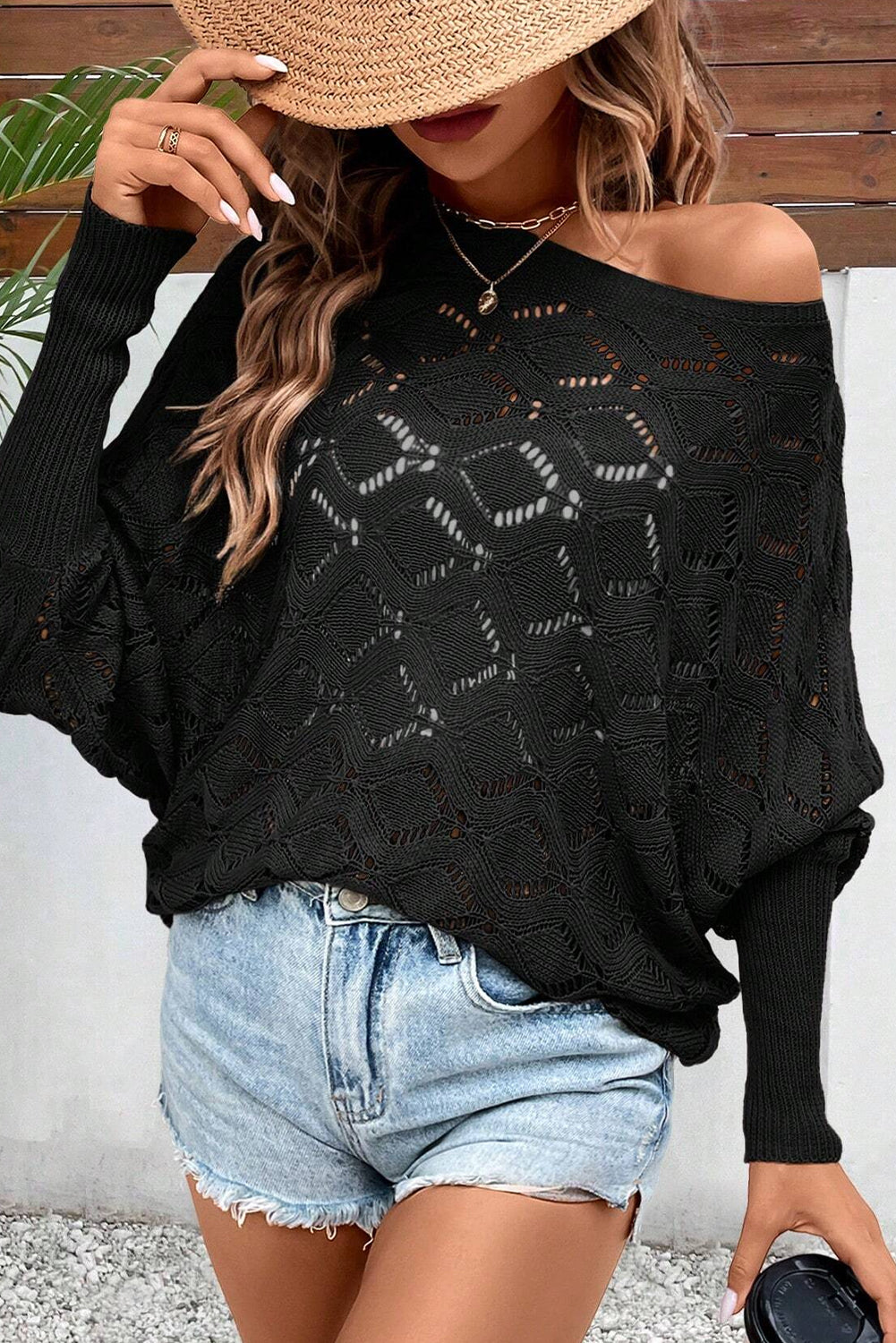 Rhombus Hollowed Dolman Sleeve Sweater