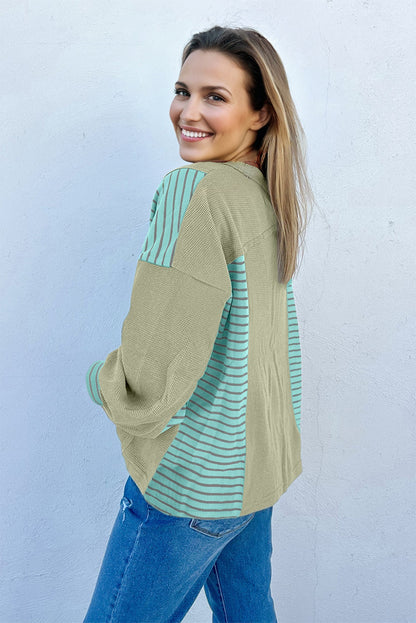 Stripe Patchwork Waffle Knit V-Neck Pullover
