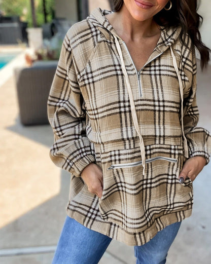 Plaid Half Zip Pullover Hoodie