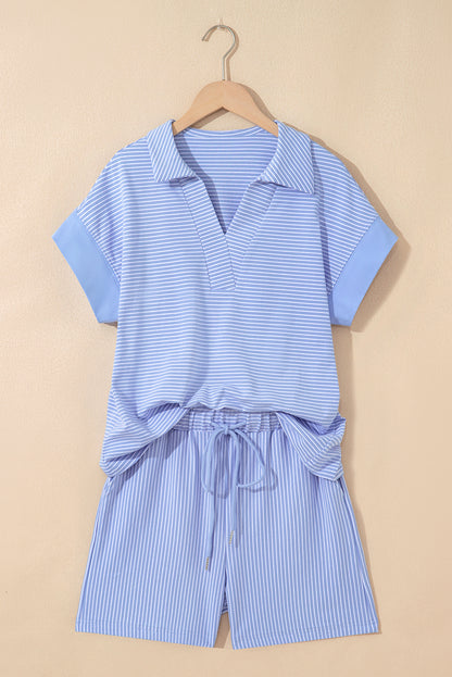 Stripe Polo Shirt and Drawstring Shorts Set