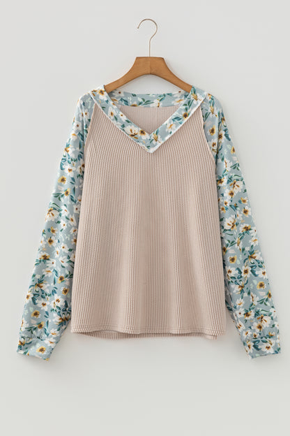 Floral Patchwork Corded Knit Long Sleeve Top