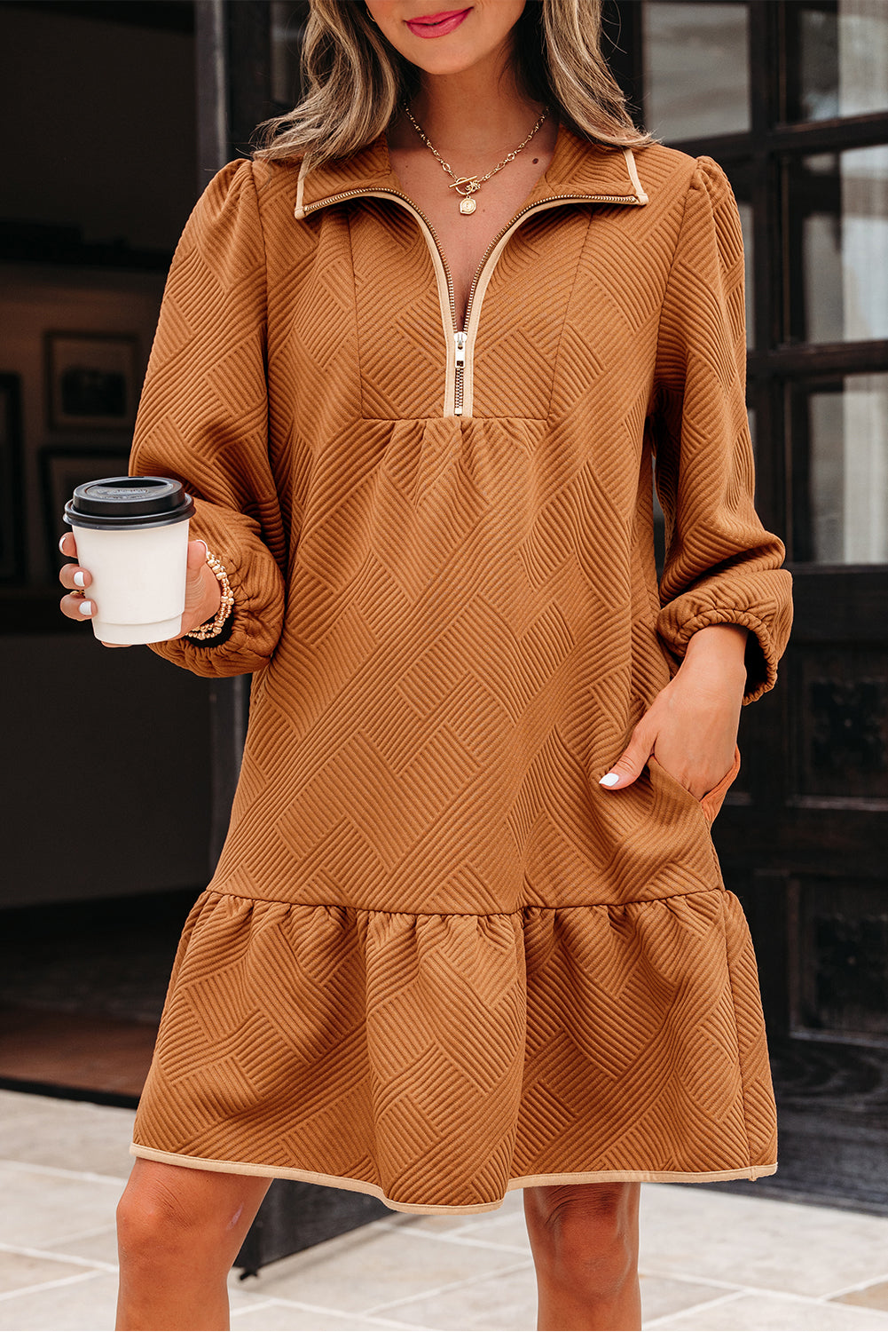 Textured Quarter Zip Collar 3/4 Sleeve Mini Dress