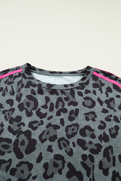 Leopard Varsity Stripe Trim Long Sleeve Top