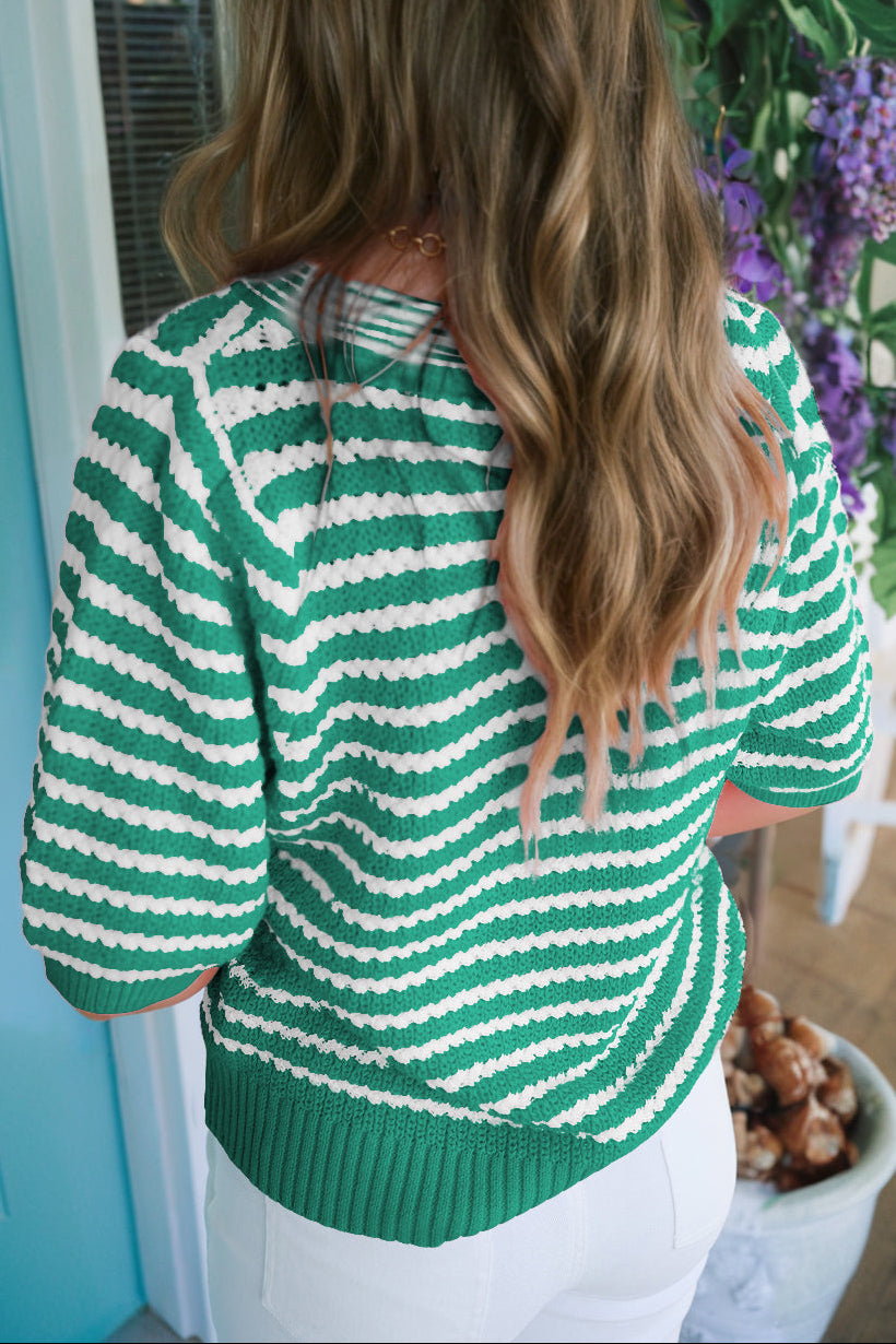 Stripe Bow Tie V-Neck Short Sleeve Sweater