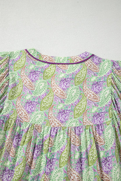 Boho Paisley Short Puff Sleeve V-Neck Blouse