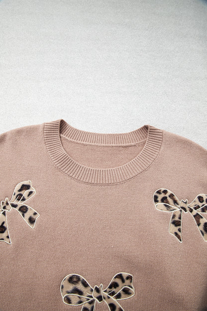 Plus Size Leopard Bow Embroidered Patch Sweater
