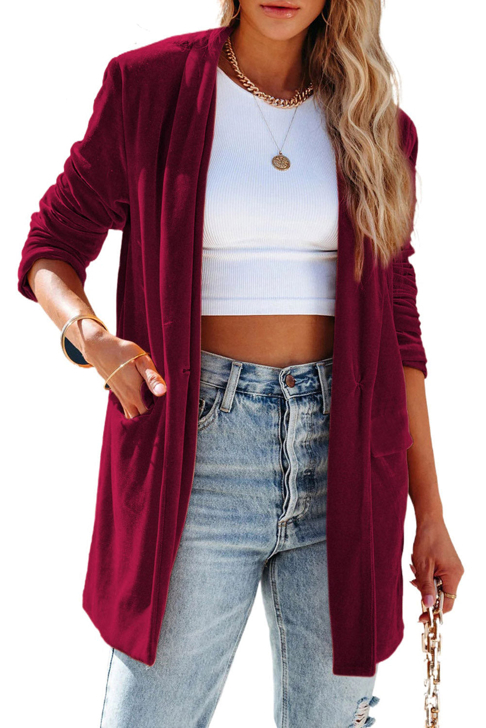 Velvet Collar Pocketed Blazer