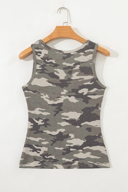 Camo Ribbed Knit Scoop Neck Tank Top