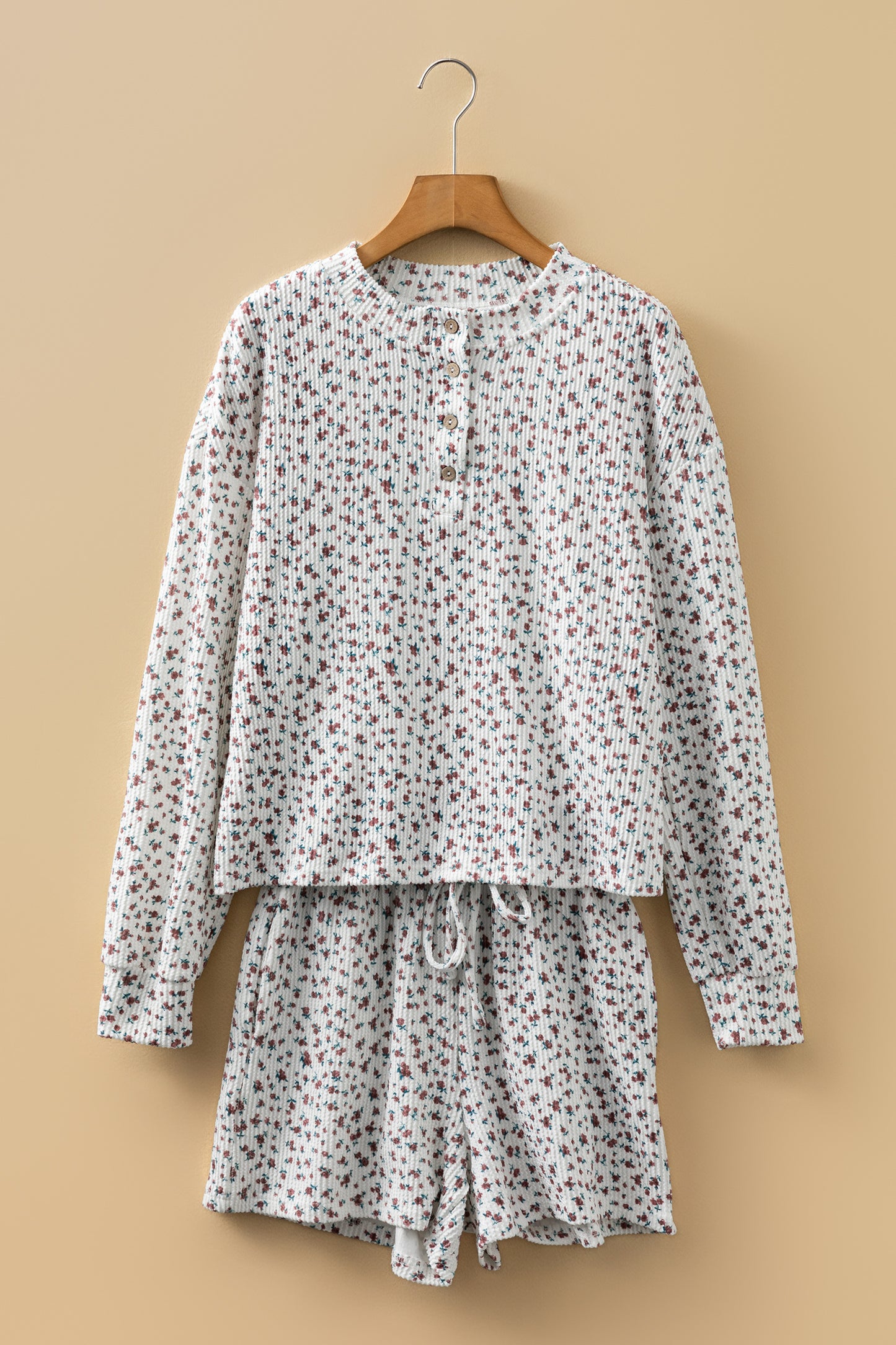 Floral Henley Top and  Drawstring Shorts Set