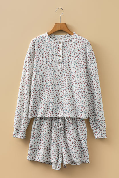 Floral Henley Top and  Drawstring Shorts Set