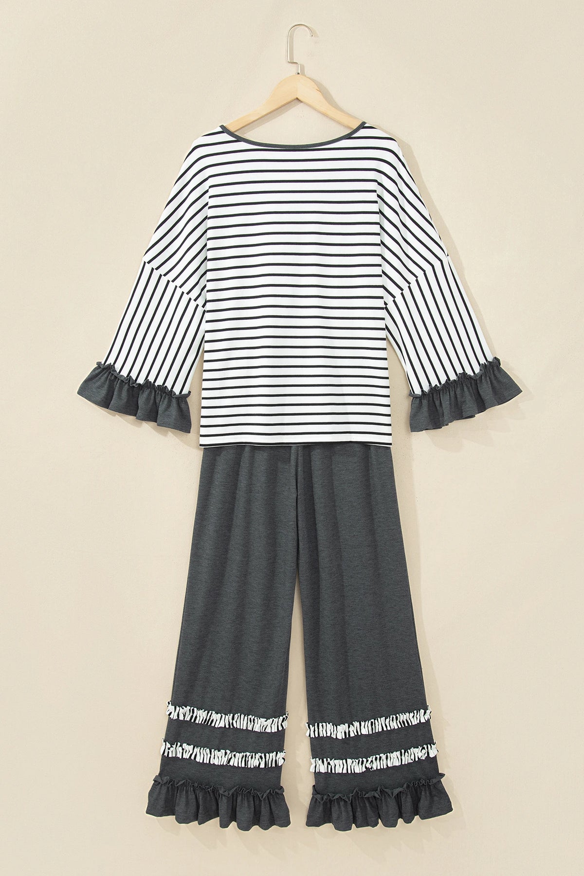 Stripe Ruffle Patchwork V-Neck Top & Pants Set