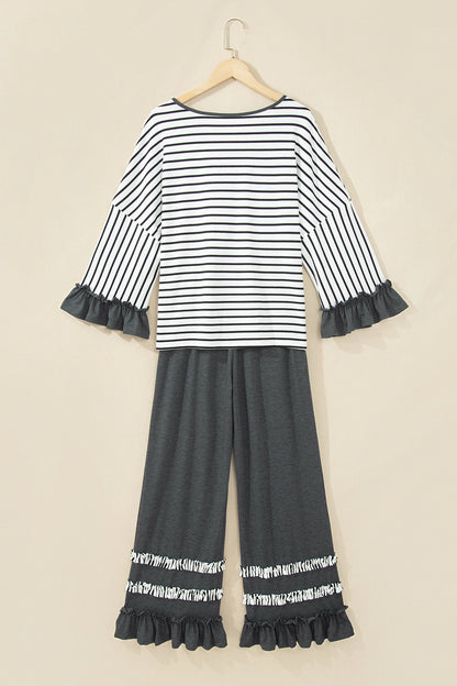 Stripe Ruffle Patchwork V-Neck Top & Pants Set