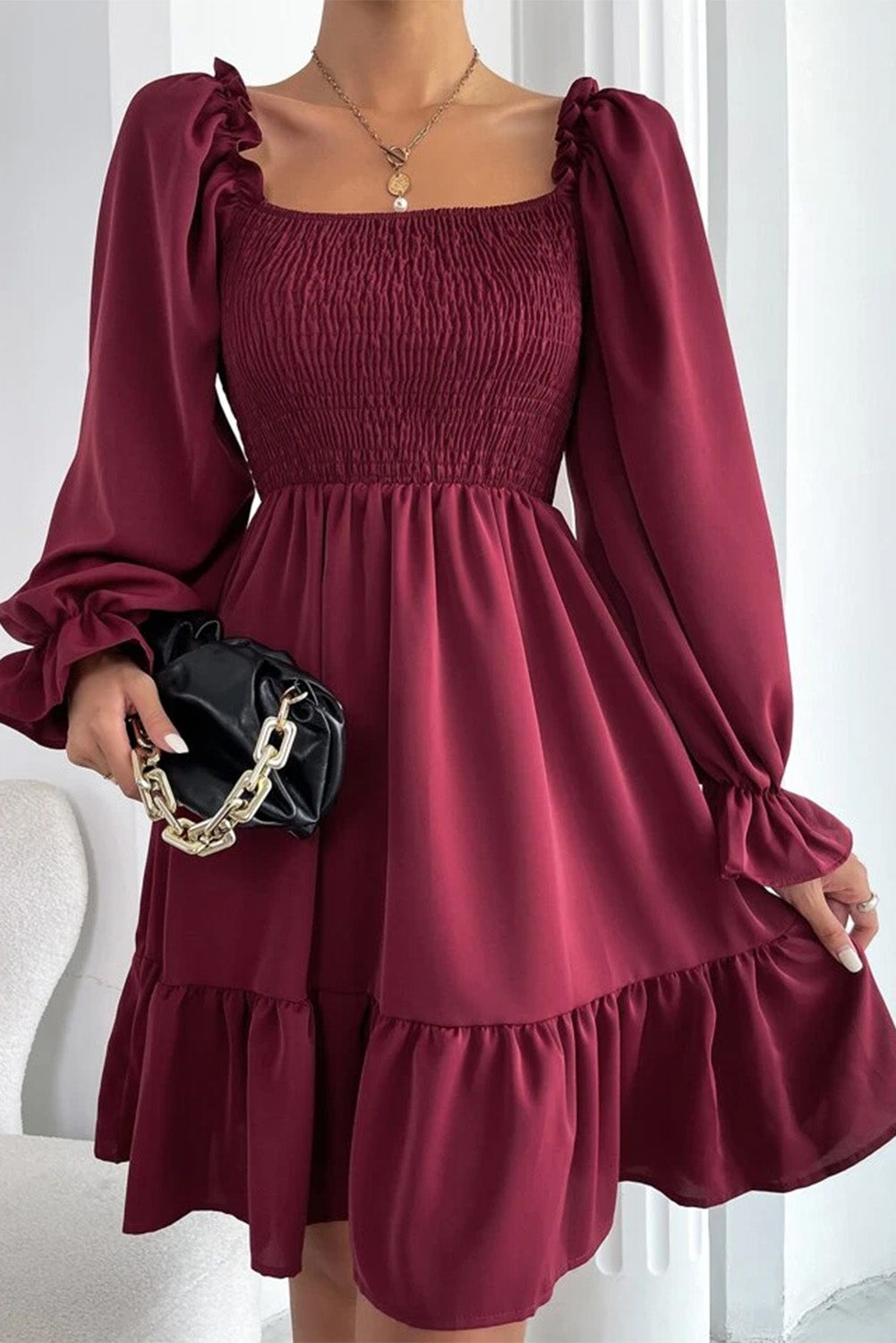 Smocked Ruffle Puff Sleeve Dress