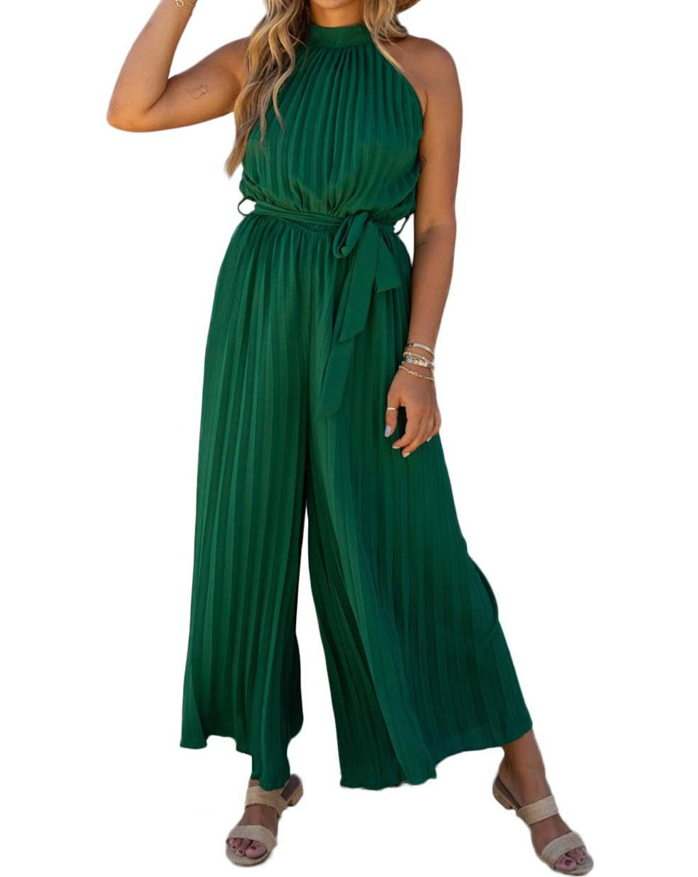 Pleated Halter Wide Leg Jumpsuit