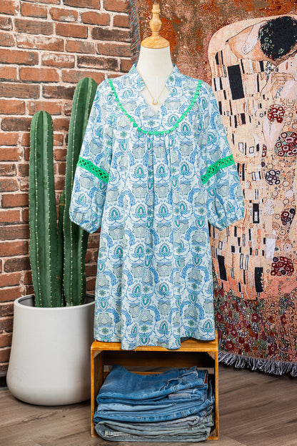 Paisley Patchwork Contrast Bracelet Sleeve Mini Dress