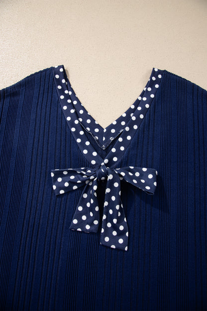 Polka Dot Patchwork Bow Tie V-Neck Top