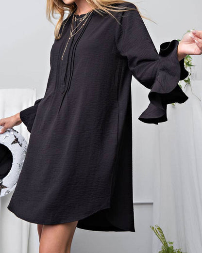 Pleated Ruffle 3/4 Sleeve Dress