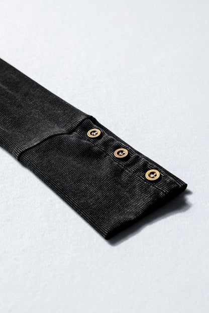 Solid Ribbed Knit Buttoned Long Sleeve Top